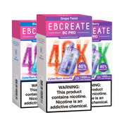 EBCREATE BC PRO Rechargeable Disposable Vapes in Grape Twist, Blue Razz, and Berry flavors, highlighting 40,000 Puffs, 1000mAh Fast Charging, and CyberTech Autofill technology.